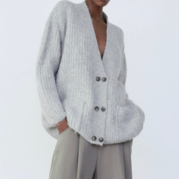 Zara Sweaters - Zara Wool Oversized Chunky Ribbed Knit 
Double Button Up Cardigan Grey
